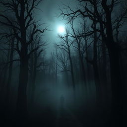 A haunting and atmospheric scene from The Whispering Woods, showcasing a dark, foreboding forest filled with tall, gnarled trees that seem to reach out with twisted branches