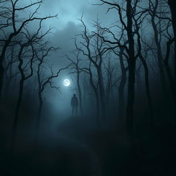 A haunting and atmospheric scene from The Whispering Woods, showcasing a dark, foreboding forest filled with tall, gnarled trees that seem to reach out with twisted branches