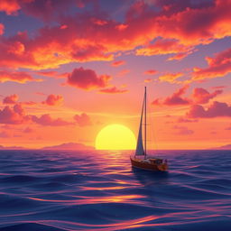 A vivid animation scene showcasing a sailboat drifting aimlessly in the ocean without sails under a stunning sunset