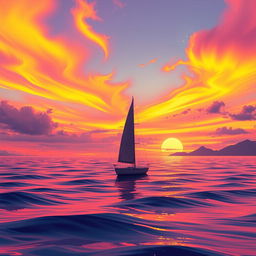 A vivid animation scene showcasing a sailboat drifting aimlessly in the ocean without sails under a stunning sunset