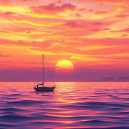 A vivid animation scene showcasing a sailboat drifting aimlessly in the ocean without sails under a stunning sunset