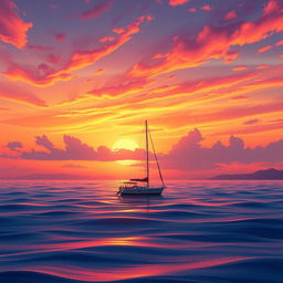 A vivid animation scene showcasing a sailboat drifting aimlessly in the ocean without sails under a stunning sunset