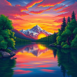 A vibrant and colorful illustration of a serene landscape, showcasing a beautiful sunset casting warm hues of orange, pink, and purple over a calm lake