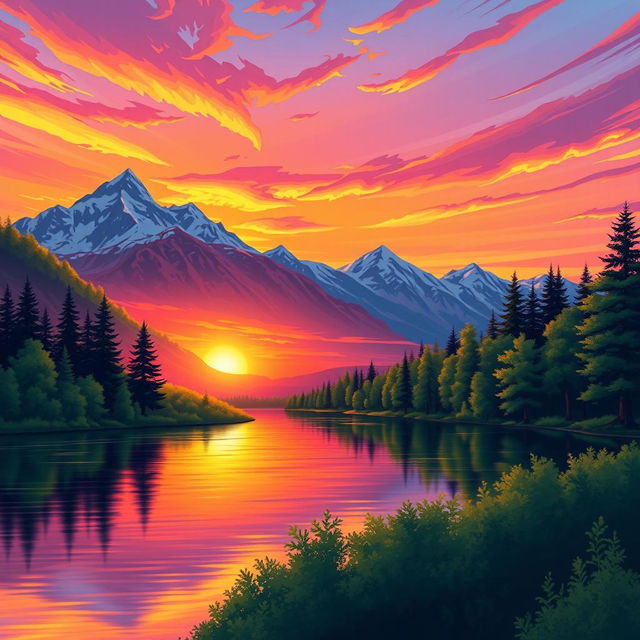 A vibrant and colorful illustration of a serene landscape, showcasing a beautiful sunset casting warm hues of orange, pink, and purple over a calm lake