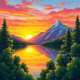 A vibrant and colorful illustration of a serene landscape, showcasing a beautiful sunset casting warm hues of orange, pink, and purple over a calm lake