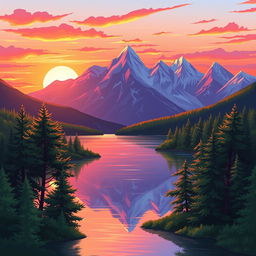 A vibrant and colorful illustration of a serene landscape, showcasing a beautiful sunset casting warm hues of orange, pink, and purple over a calm lake