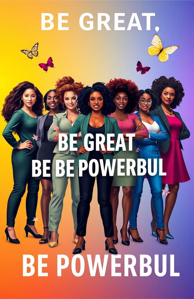 A visually striking book cover for the title 'Be Great, Be Powerful', featuring powerful women standing together in a confident pose, each representing different backgrounds and cultures