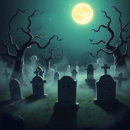 A dark and whimsical animated cemetery in a classic Disney style