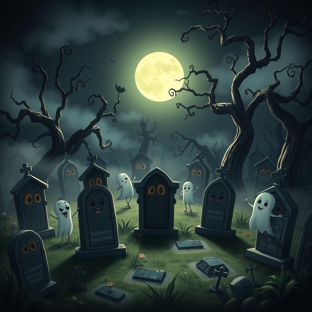 A dark and whimsical animated cemetery in a classic Disney style