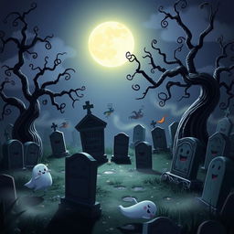 A dark and whimsical animated cemetery in a classic Disney style