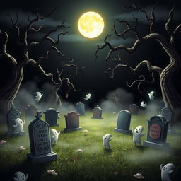 A dark and whimsical animated cemetery in a classic Disney style