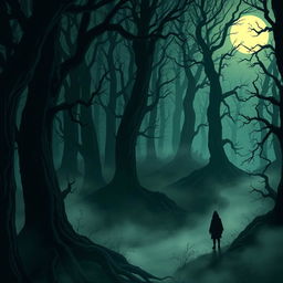 A spine-chilling illustration from The Whispering Woods, showcasing a dense, dark forest shrouded in an eerie twilight