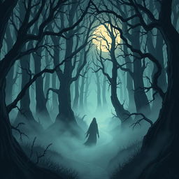 A spine-chilling illustration from The Whispering Woods, showcasing a dense, dark forest shrouded in an eerie twilight