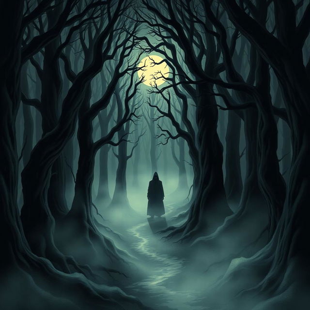 A spine-chilling illustration from The Whispering Woods, showcasing a dense, dark forest shrouded in an eerie twilight