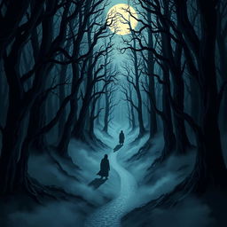 A spine-chilling illustration from The Whispering Woods, showcasing a dense, dark forest shrouded in an eerie twilight