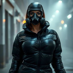 A sexy woman in a form-fitting, shiny black heavy puffer suit that emphasizes her voluptuous figure and large breasts