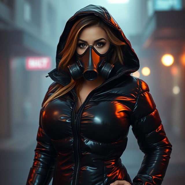 A sexy woman in a form-fitting, shiny black heavy puffer suit that emphasizes her voluptuous figure and large breasts