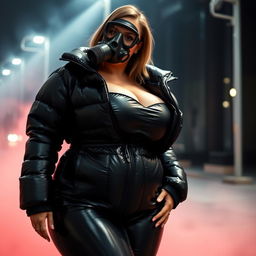 A sexy woman in a form-fitting, shiny black heavy puffer suit that emphasizes her voluptuous figure and large breasts
