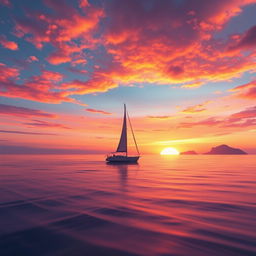 A vivid animation scene showcasing a sailboat drifting aimlessly on the ocean without sails, set against a breathtaking sunset