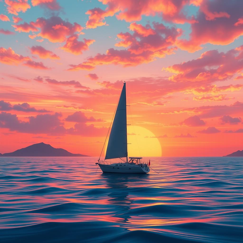 A vivid animation scene showcasing a sailboat drifting aimlessly on the ocean without sails, set against a breathtaking sunset