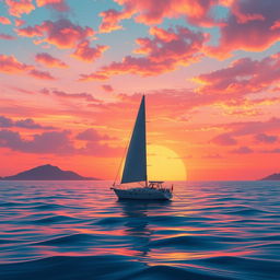 A vivid animation scene showcasing a sailboat drifting aimlessly on the ocean without sails, set against a breathtaking sunset