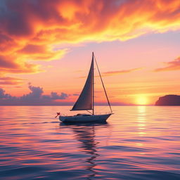 A vivid animation scene showcasing a sailboat drifting aimlessly on the ocean without sails, set against a breathtaking sunset