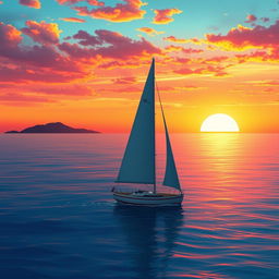 A vivid animation scene showcasing a sailboat drifting aimlessly on the ocean without sails, set against a breathtaking sunset