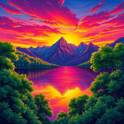 A vibrant and colorful illustration of a serene landscape, featuring a breathtaking sunset with vivid hues of orange, pink, and purple illuminating the sky above a calm lake
