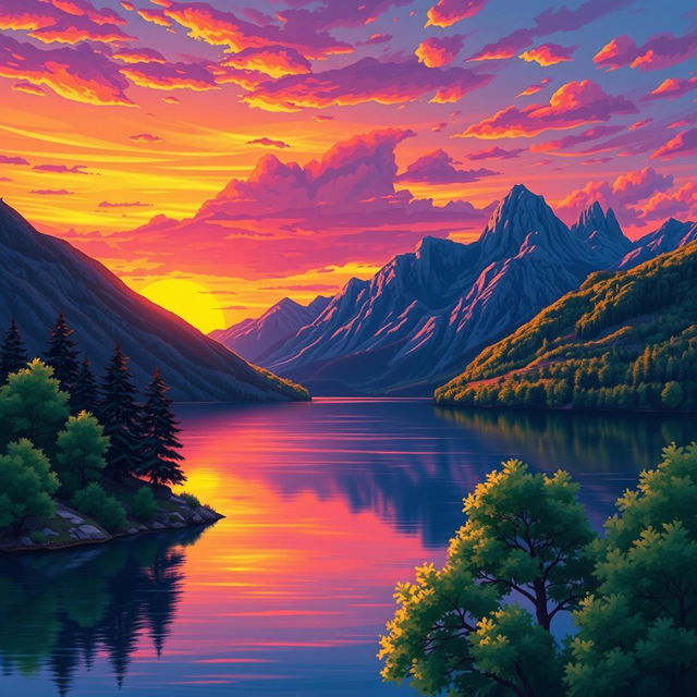 A vibrant and colorful illustration of a serene landscape, featuring a breathtaking sunset with vivid hues of orange, pink, and purple illuminating the sky above a calm lake