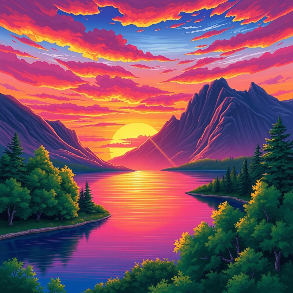 A vibrant and colorful illustration of a serene landscape, featuring a breathtaking sunset with vivid hues of orange, pink, and purple illuminating the sky above a calm lake