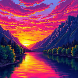 A vibrant and colorful illustration of a serene landscape, featuring a breathtaking sunset with vivid hues of orange, pink, and purple illuminating the sky above a calm lake