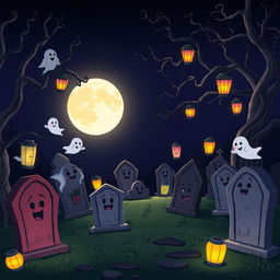 A dark, whimsical animated cemetery in a classic Disney style