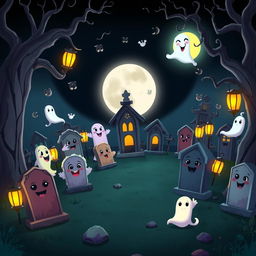 A dark, whimsical animated cemetery in a classic Disney style