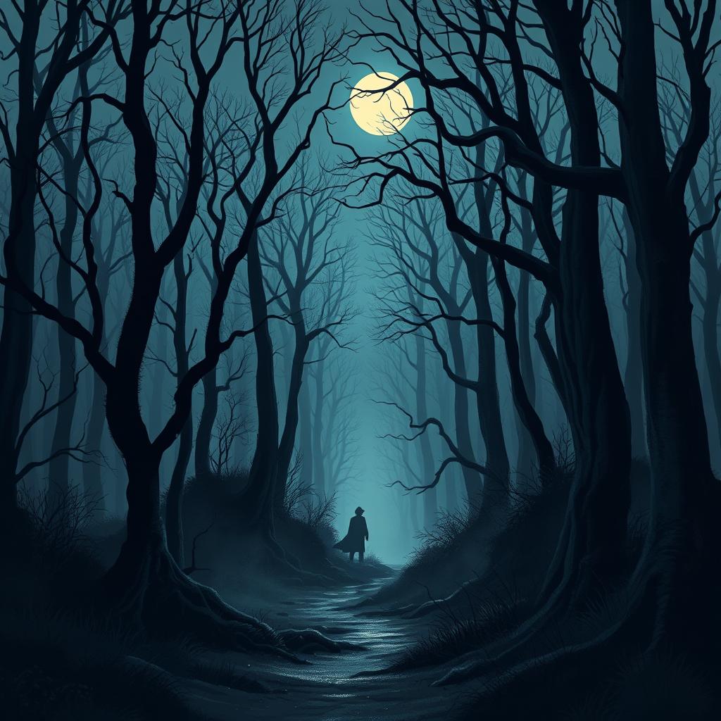 A chilling illustration inspired by The Whispering Woods, capturing an eerie and foreboding forest landscape