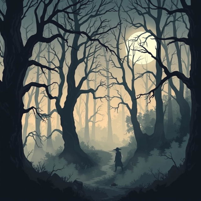 A chilling illustration inspired by The Whispering Woods, capturing an eerie and foreboding forest landscape