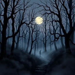 A chilling illustration inspired by The Whispering Woods, capturing an eerie and foreboding forest landscape