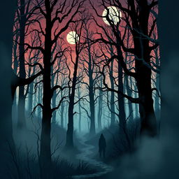A chilling illustration inspired by The Whispering Woods, capturing an eerie and foreboding forest landscape