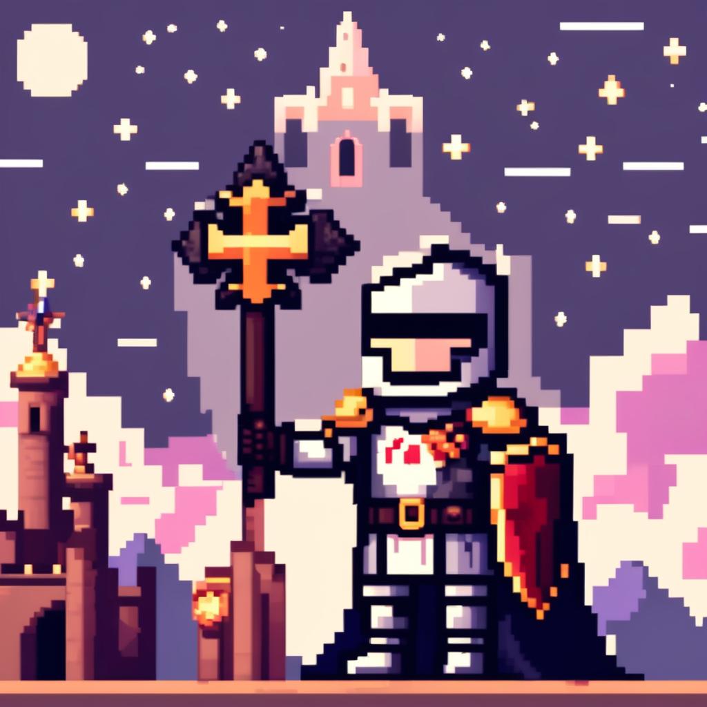 Pixel art profile picture of a holy crusader knight in a full suit of armor, holding a cross-emblazoned shield, standing against a castle backdrop under a starry twilight sky