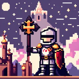 Pixel art profile picture of a holy crusader knight in a full suit of armor, holding a cross-emblazoned shield, standing against a castle backdrop under a starry twilight sky