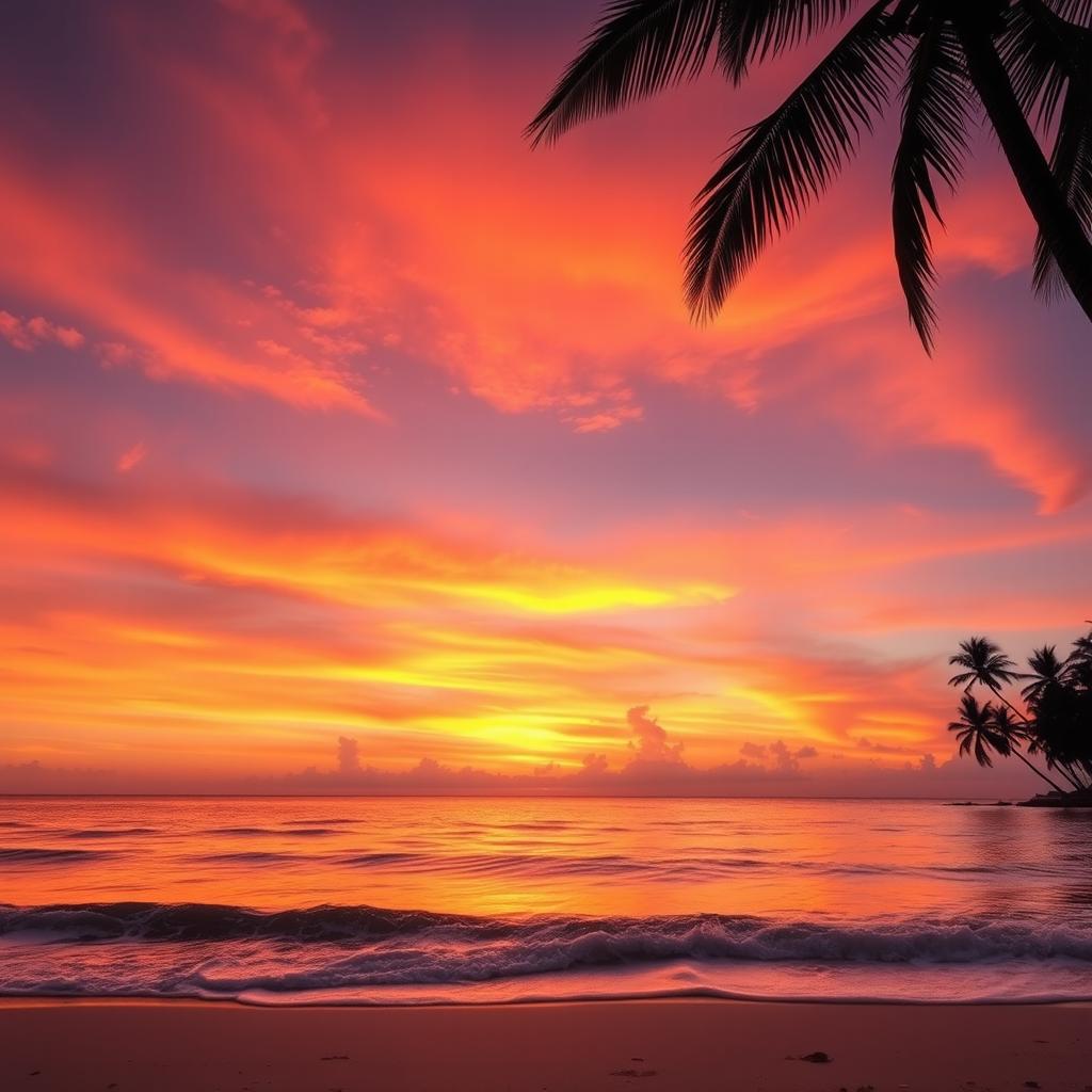 A beautiful sunset over a tranquil beach, with vibrant orange, pink, and purple hues painting the sky