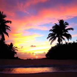 A beautiful sunset over a tranquil beach, with vibrant orange, pink, and purple hues painting the sky