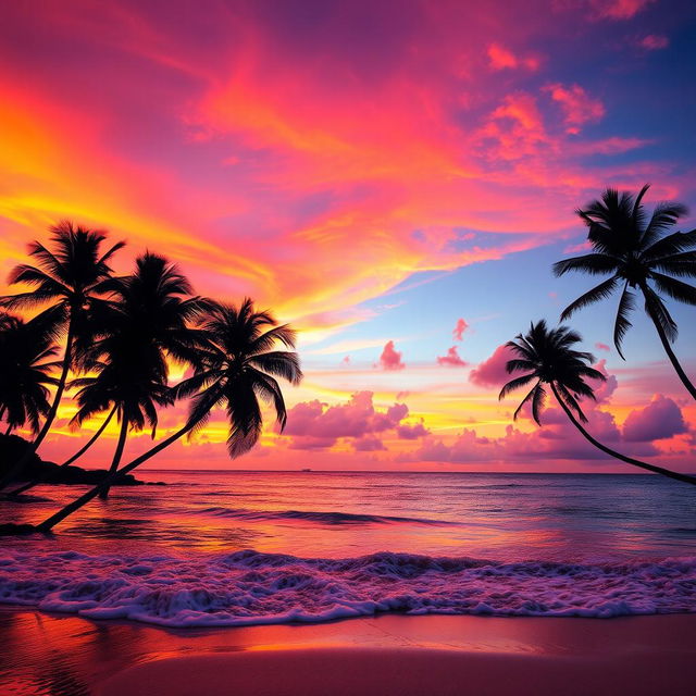 A beautiful sunset over a tranquil beach, with vibrant orange, pink, and purple hues painting the sky