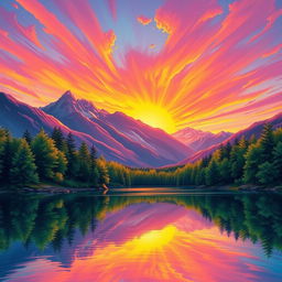 A vibrant and colorful illustration of a serene landscape, depicting a stunning sunset with brilliant shades of orange, pink, and purple spreading across the sky above a tranquil lake