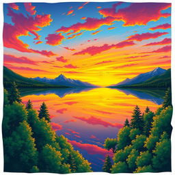 A vibrant and colorful illustration of a serene landscape, depicting a stunning sunset with brilliant shades of orange, pink, and purple spreading across the sky above a tranquil lake
