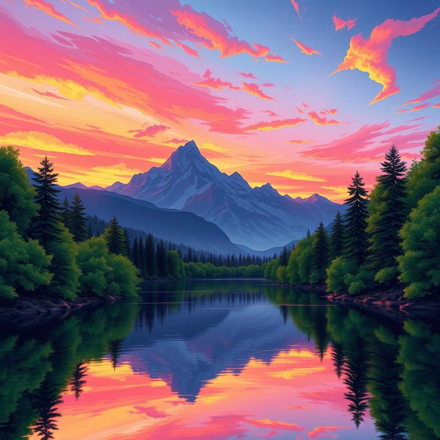 A vibrant and colorful illustration of a serene landscape, depicting a stunning sunset with brilliant shades of orange, pink, and purple spreading across the sky above a tranquil lake