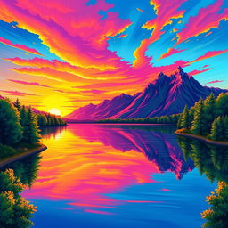 A vibrant and colorful illustration of a serene landscape, depicting a stunning sunset with brilliant shades of orange, pink, and purple spreading across the sky above a tranquil lake