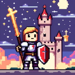 Pixel art profile picture of a holy crusader knight in a full suit of armor, holding a cross-emblazoned shield, standing against a castle backdrop under a starry twilight sky