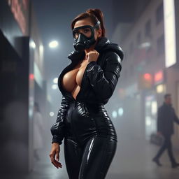 An alluring woman clad in a skin-tight, shiny black heavy puffer suit that accentuates her voluptuous figure and prominent breasts
