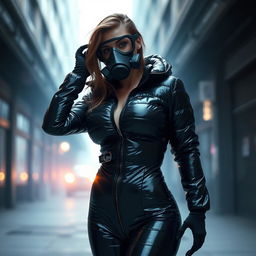 An alluring woman clad in a skin-tight, shiny black heavy puffer suit that accentuates her voluptuous figure and prominent breasts