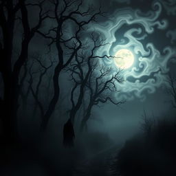 A spine-tingling image inspired by The Whispering Woods, depicting a sinister forest scene drenched in a chilling atmosphere